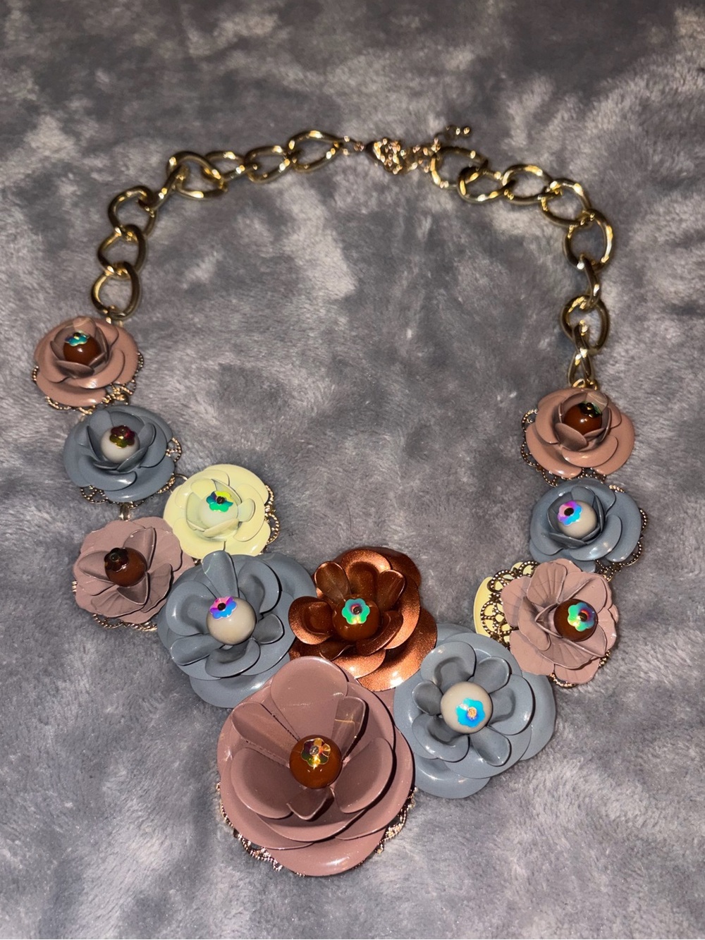 Flower Statement Necklace Floral Bib Gold Tone